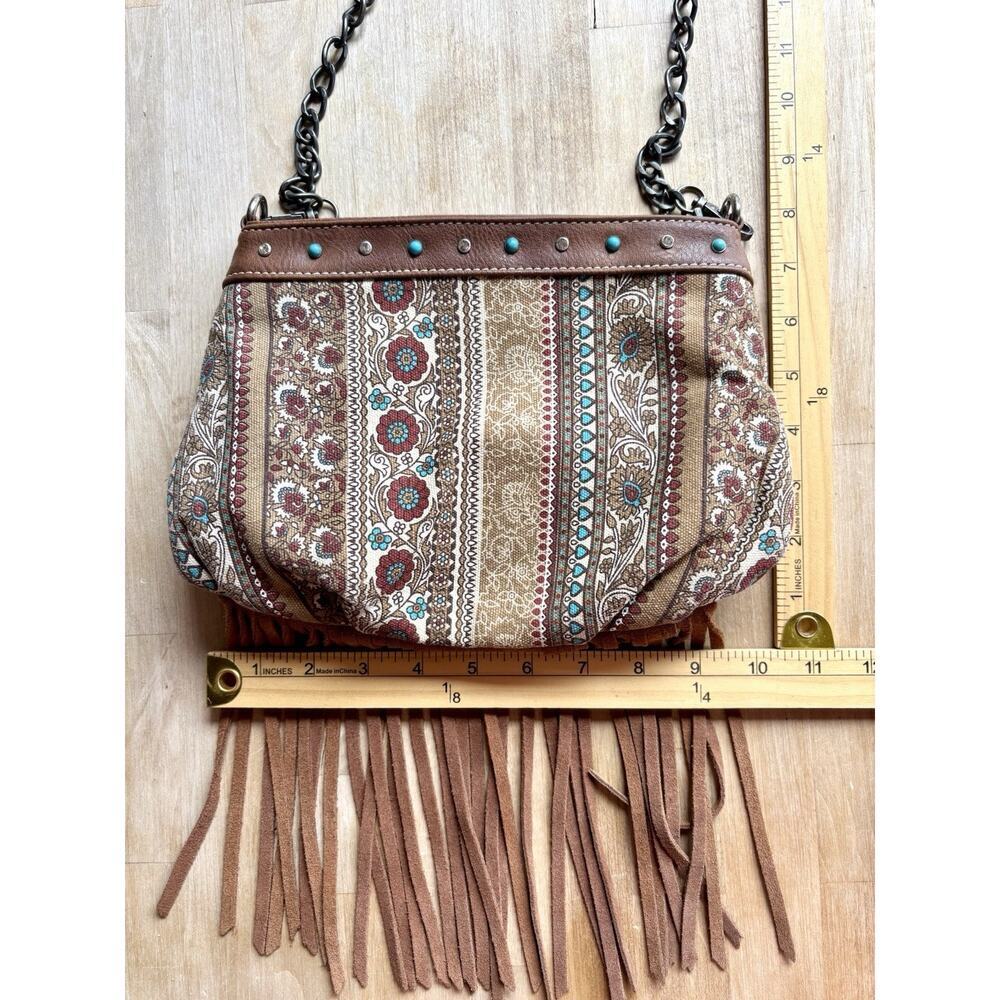 Brown Turquoise Studded Fringe Western Boho Chain Crossbody Shoulder Bag - Picture 3 of 12